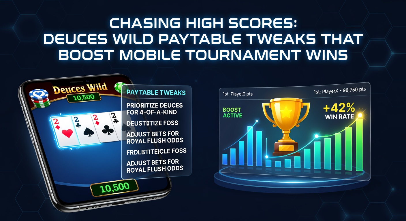 Mobile-Turnier-Leaderboard mit Deuces Wild High Scores, das Paytable-Tweaks und Strategie-Charts zeigt, inklusive RTP-Vergleichen