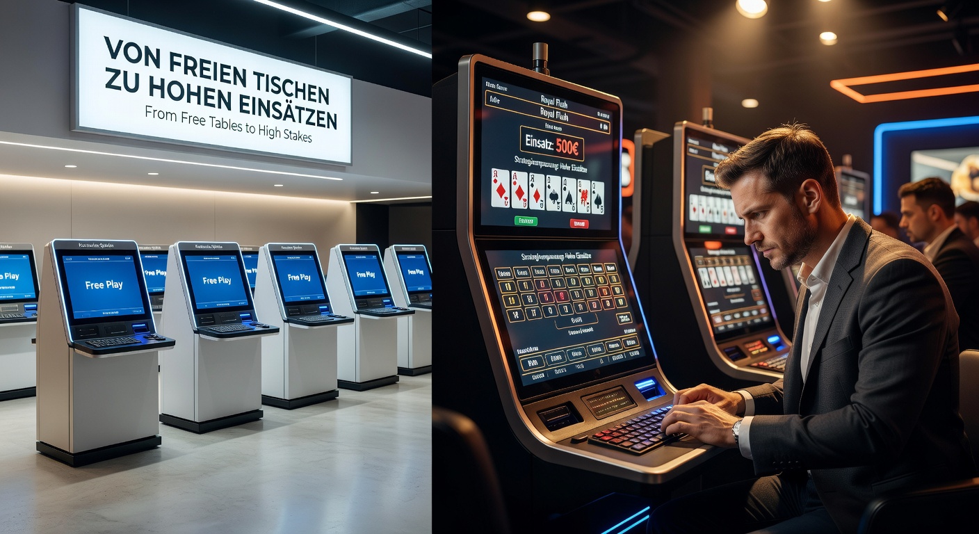 High-Stakes-Video-Poker-Tisch mit großen Einsätzen, Strategietabelle im Hintergrund und deutschem Spieler am Gerät